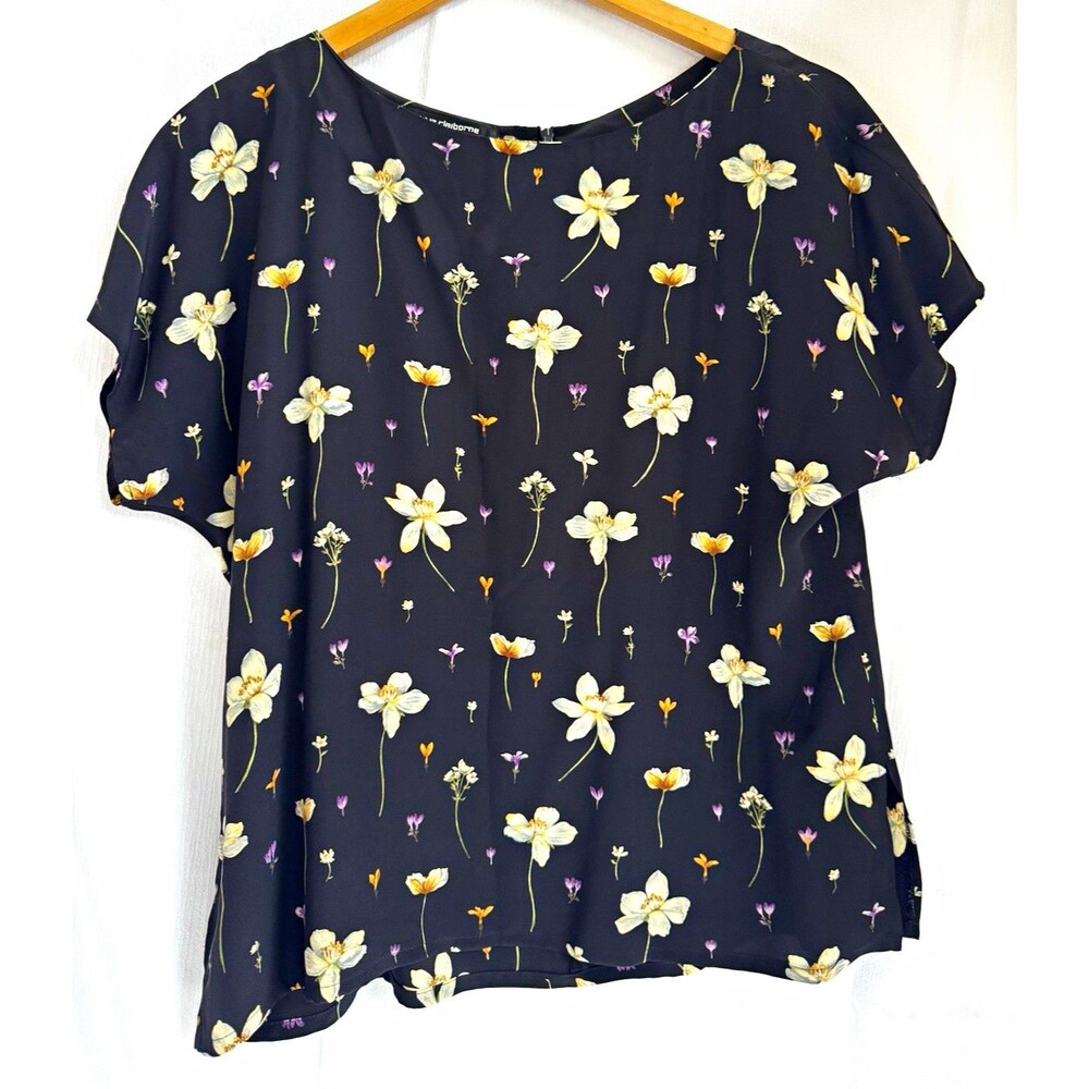 Liz Claiborne Collection Black Silk Floral Blouse Short Sleeve Top Size 14